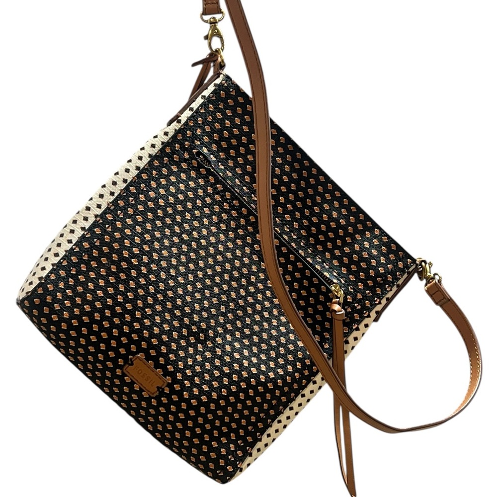 Fossil Black and Tan Patterned Crossbody Bag